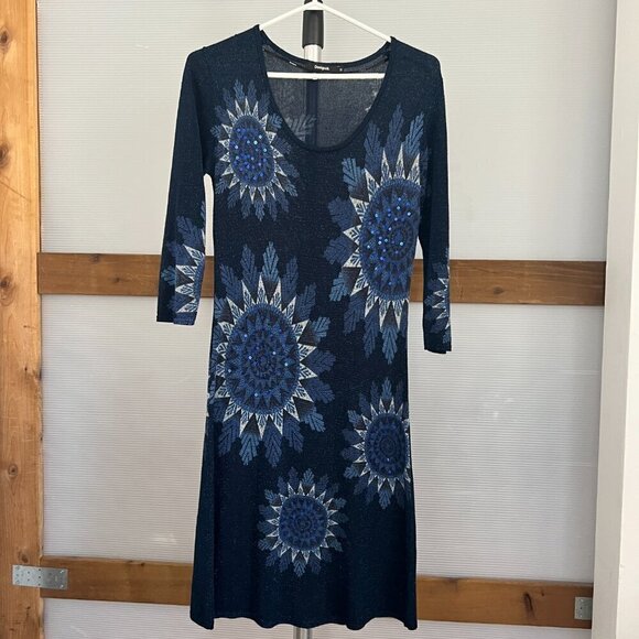 Desigual Helen Mandala Sequin Print 3/4 Sleeve Knit Mini Scoop Neck Dress Sz M - Picture 2 of 13